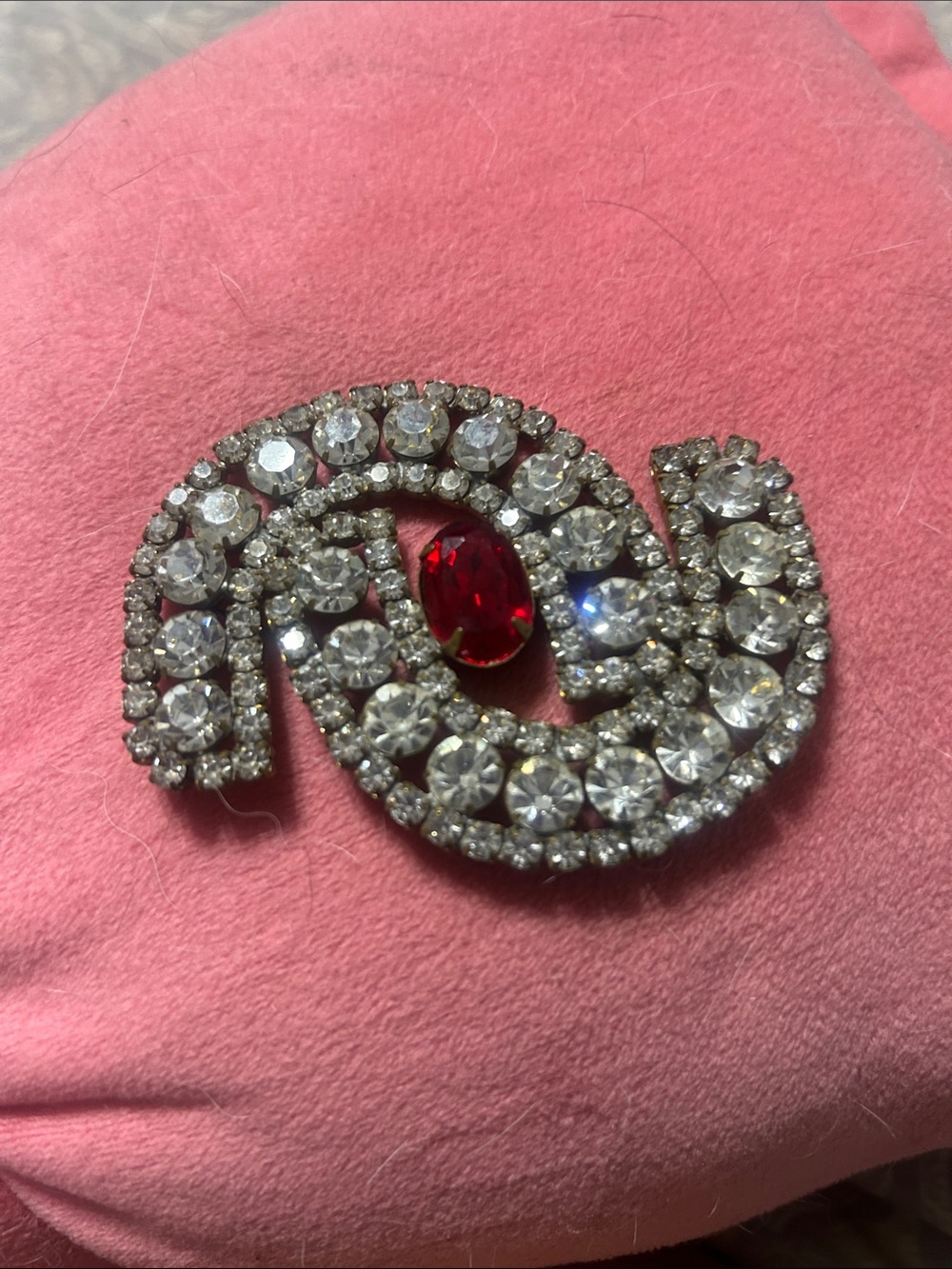 Crystal Swirl Brooch with Red Center Stone - Women Jewelry